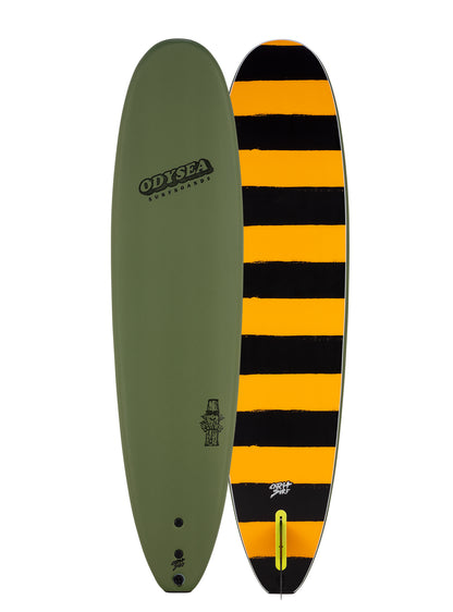 Two views of a surfboard with 'Odyssey' branding on a white background