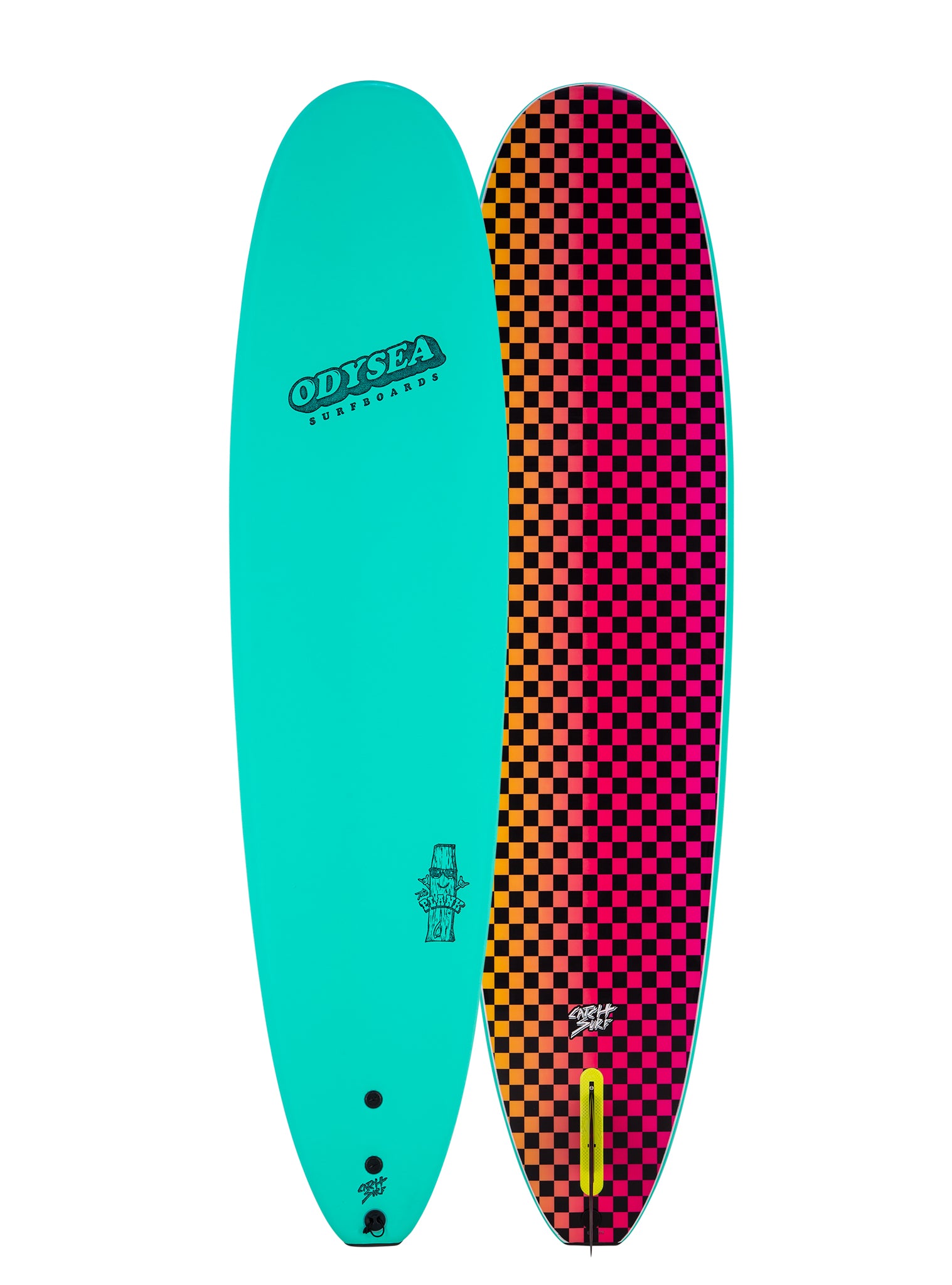 Two sides of a surfboard with Odyssey branding on a white background