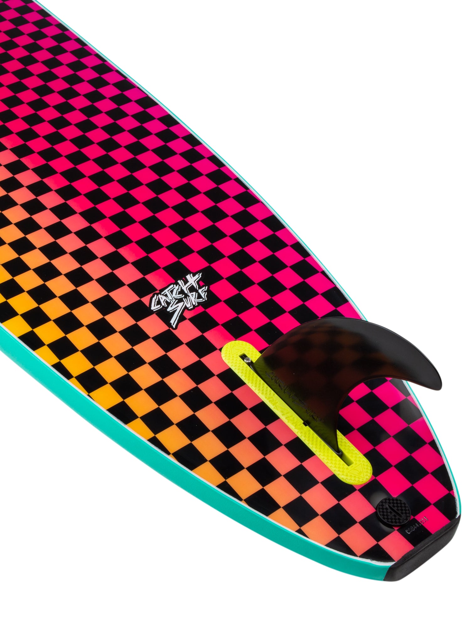 Colorful checkered surfboard with a fin on a white background