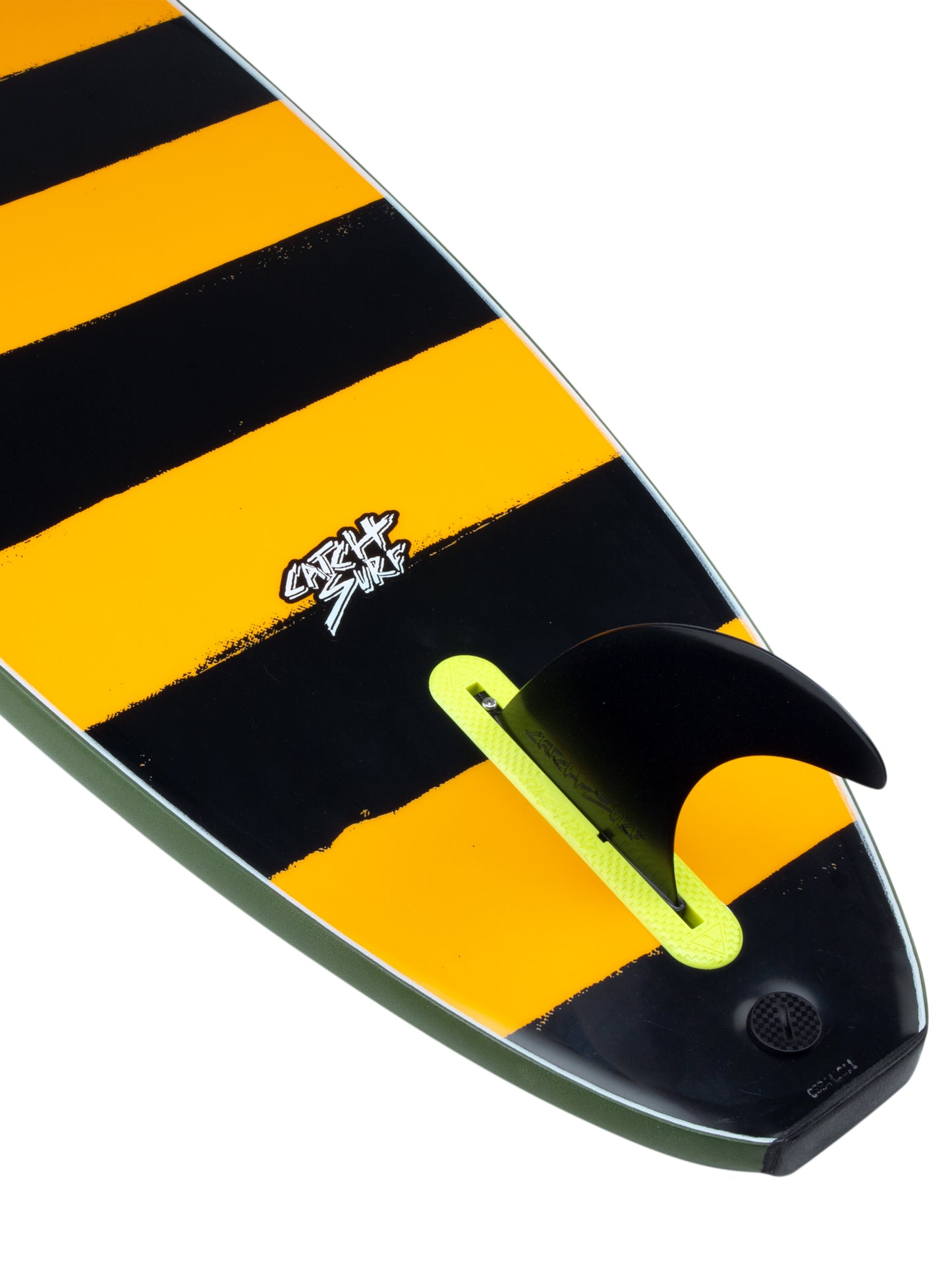 Black and yellow striped surfboard with a yellow fin on a white background