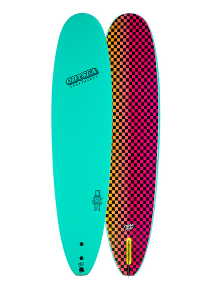 Two views of a surfboard with a checkered pattern on a white background