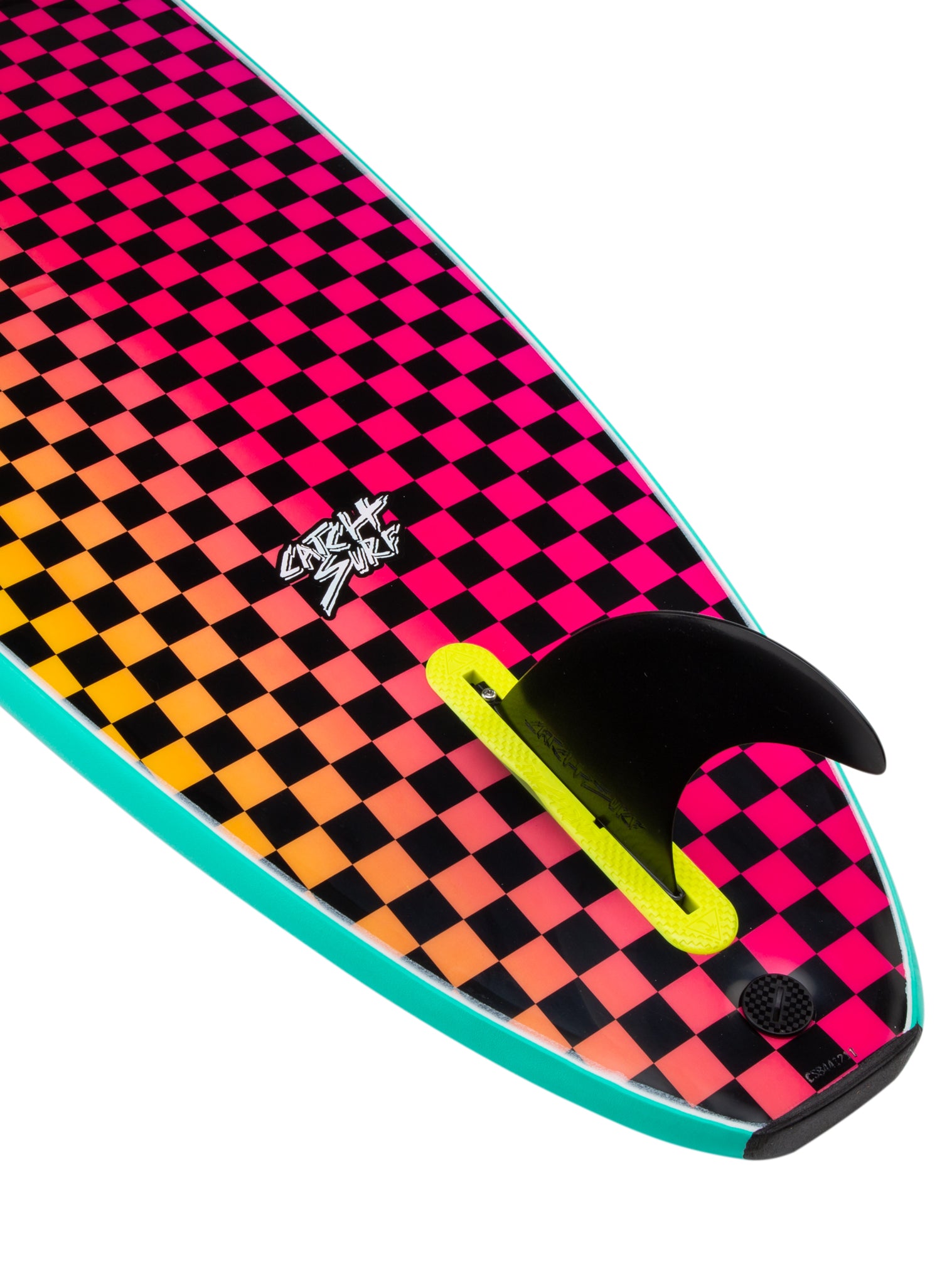 Colorful checkered surfboard with a fin on a white background