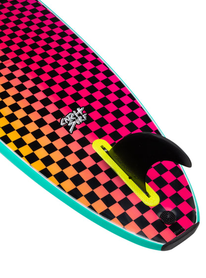 Colorful checkered surfboard with a fin on a white background