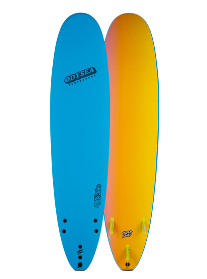 Two surfboards, one blue and one orange, with Odysea branding on a white background.