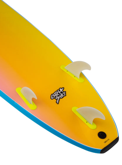 Close-up of a yellow surfboard with fins and a logo on a white background