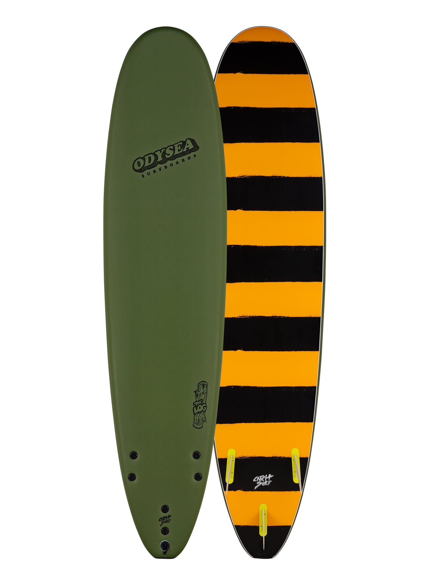 Two surfboards, one green and one with black and orange stripes