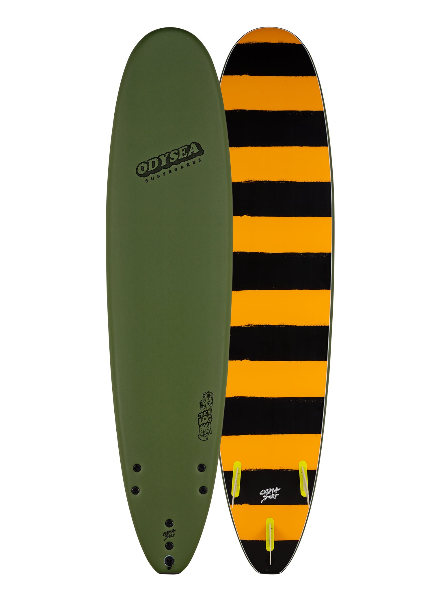 Two surfboards, one green and one with black and orange stripes