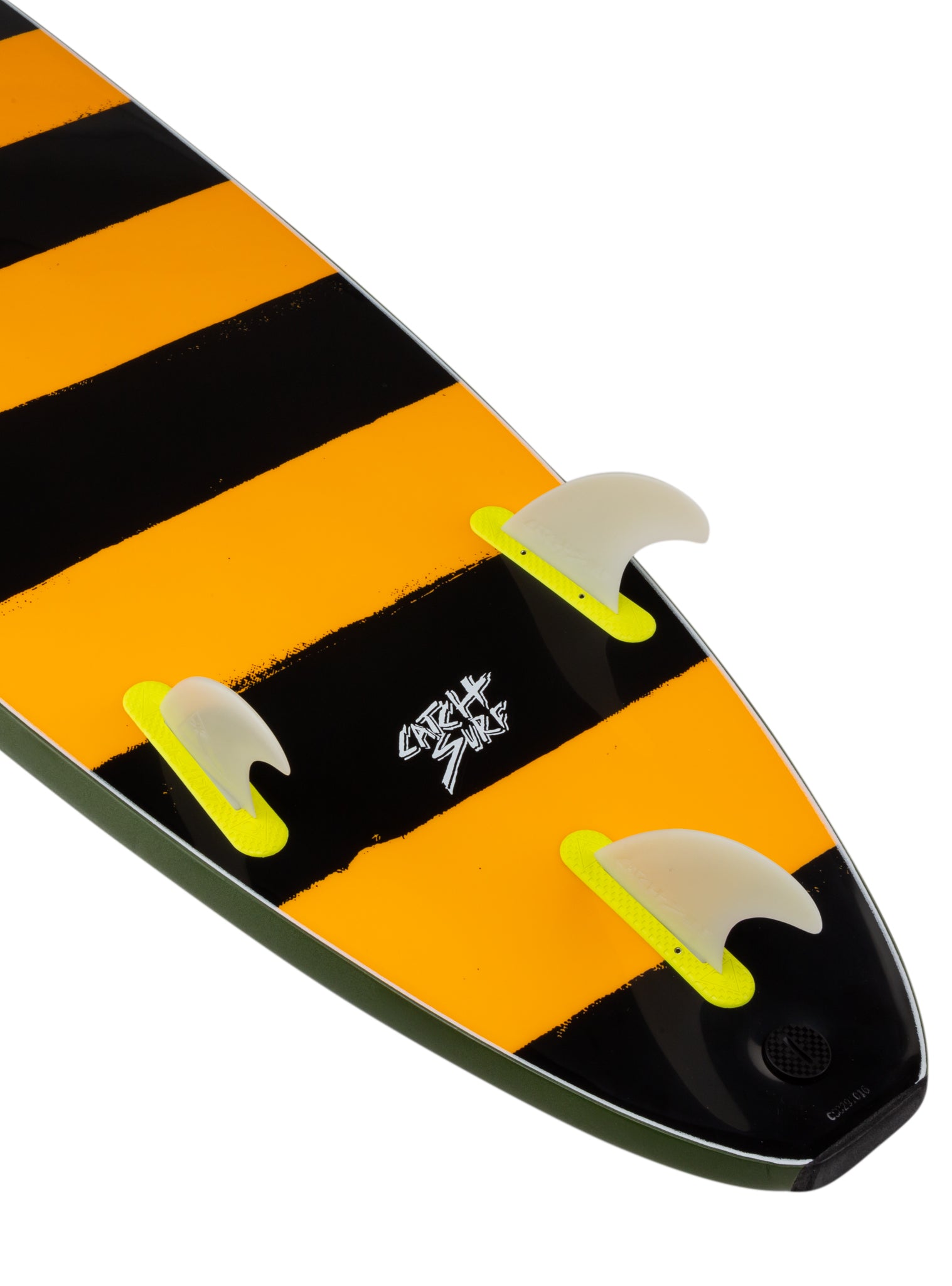 Close-up of a striped water ski with a brand logo 