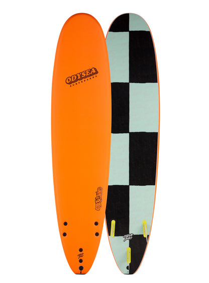 Two surfboards, one orange and one with a checkered pattern