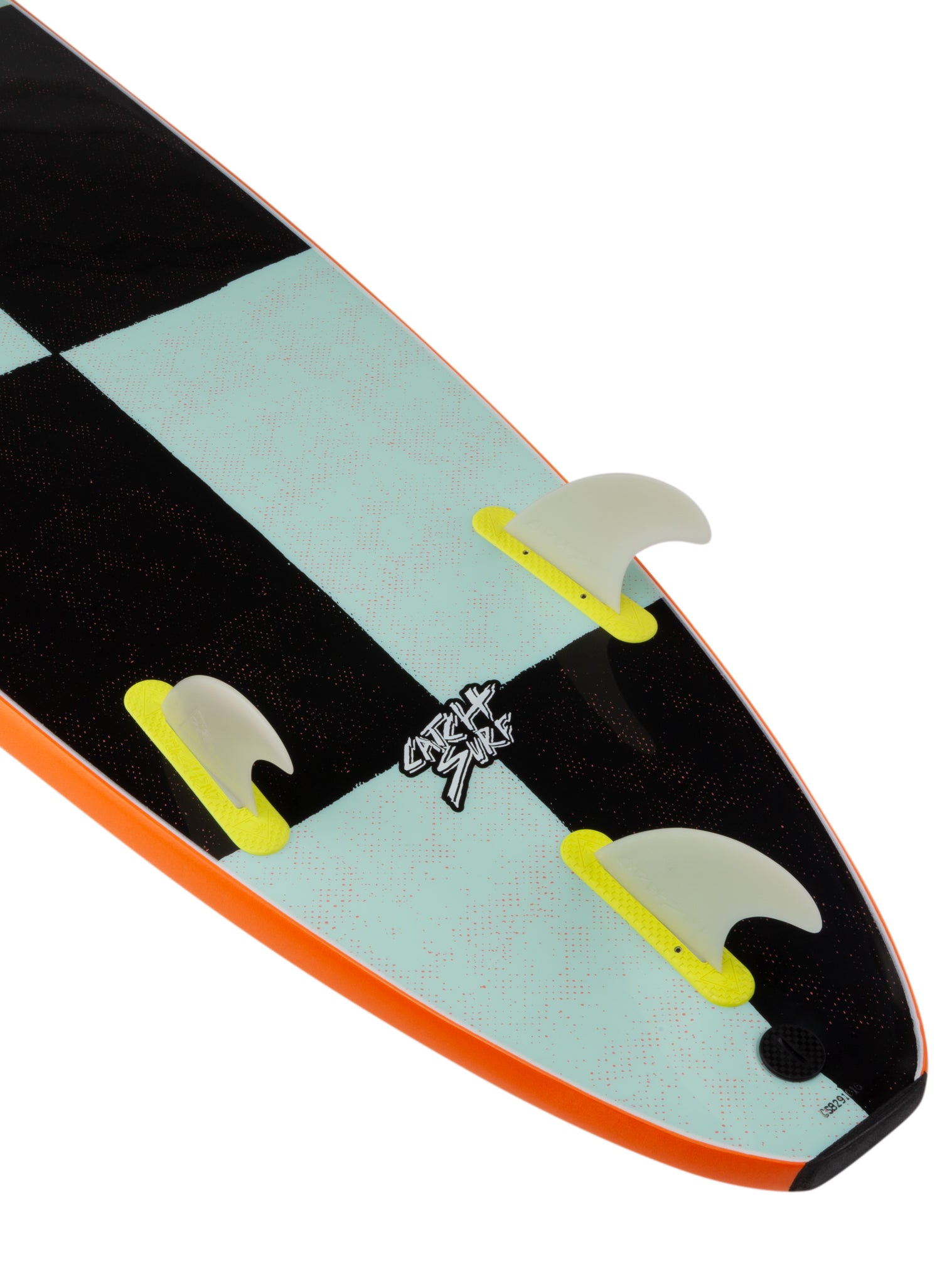Close-up of a surfboard with a black, white, and orange design