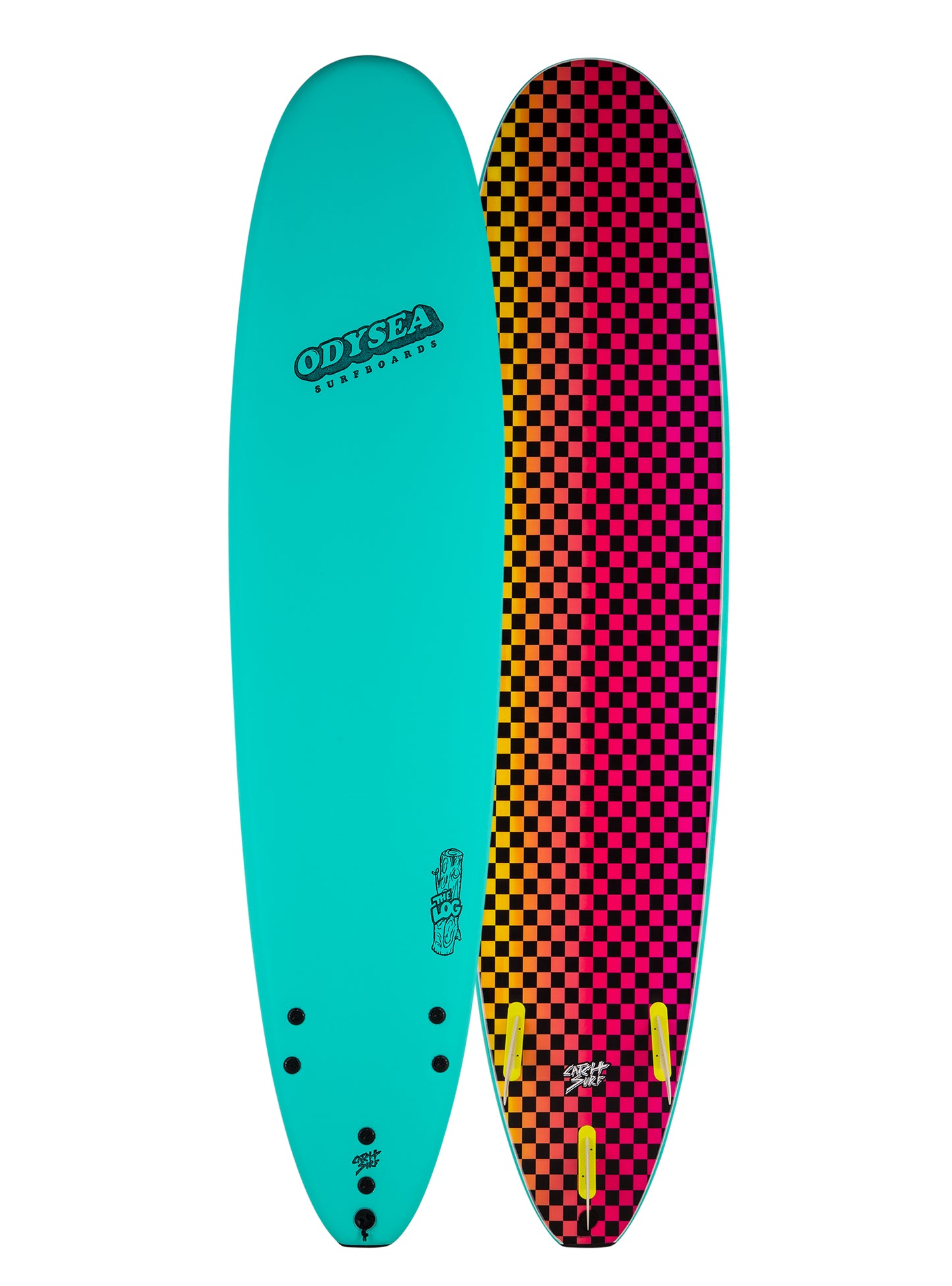 Two surfboards, one turquoise and one checkered