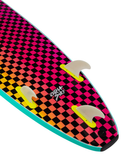 Colorful checkered surfboard with a logo