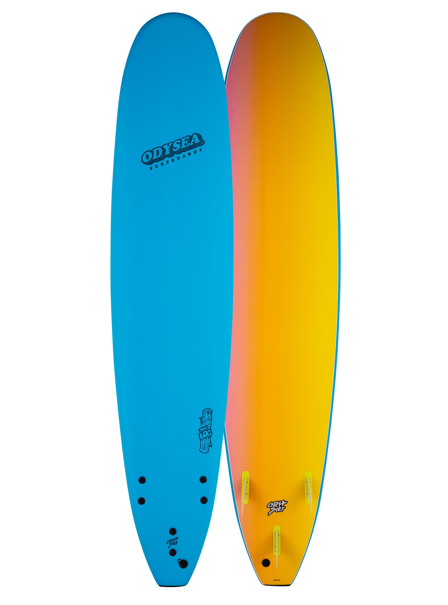 Blue and orange surfboard with 'Odyssey' branding on a white background
