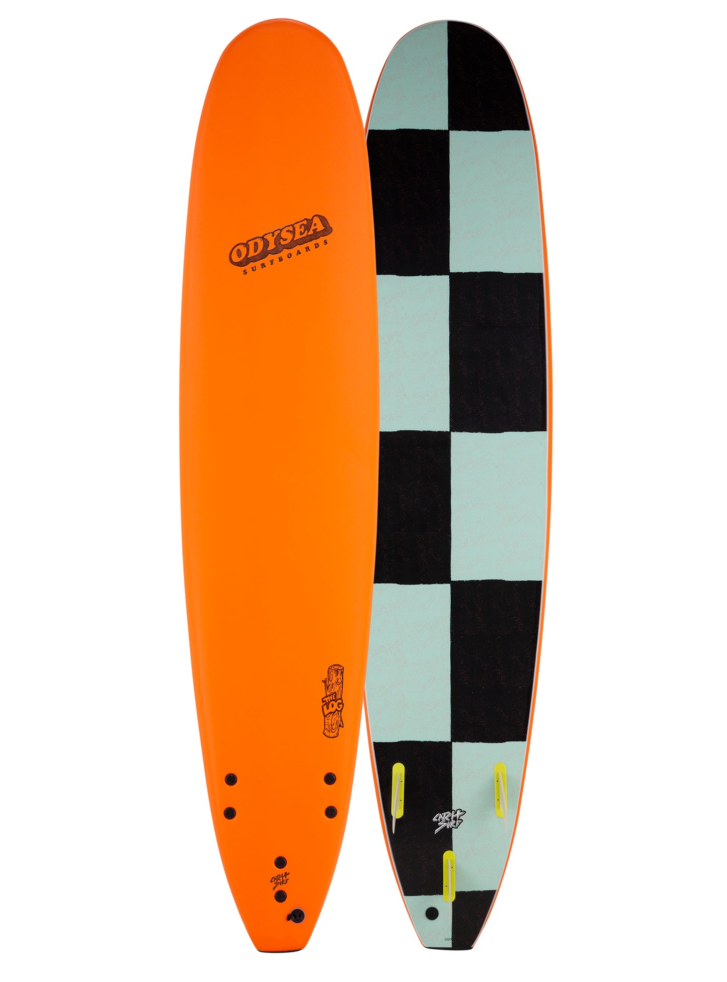 Two surfboards, one orange and one checkered, on a white background.
