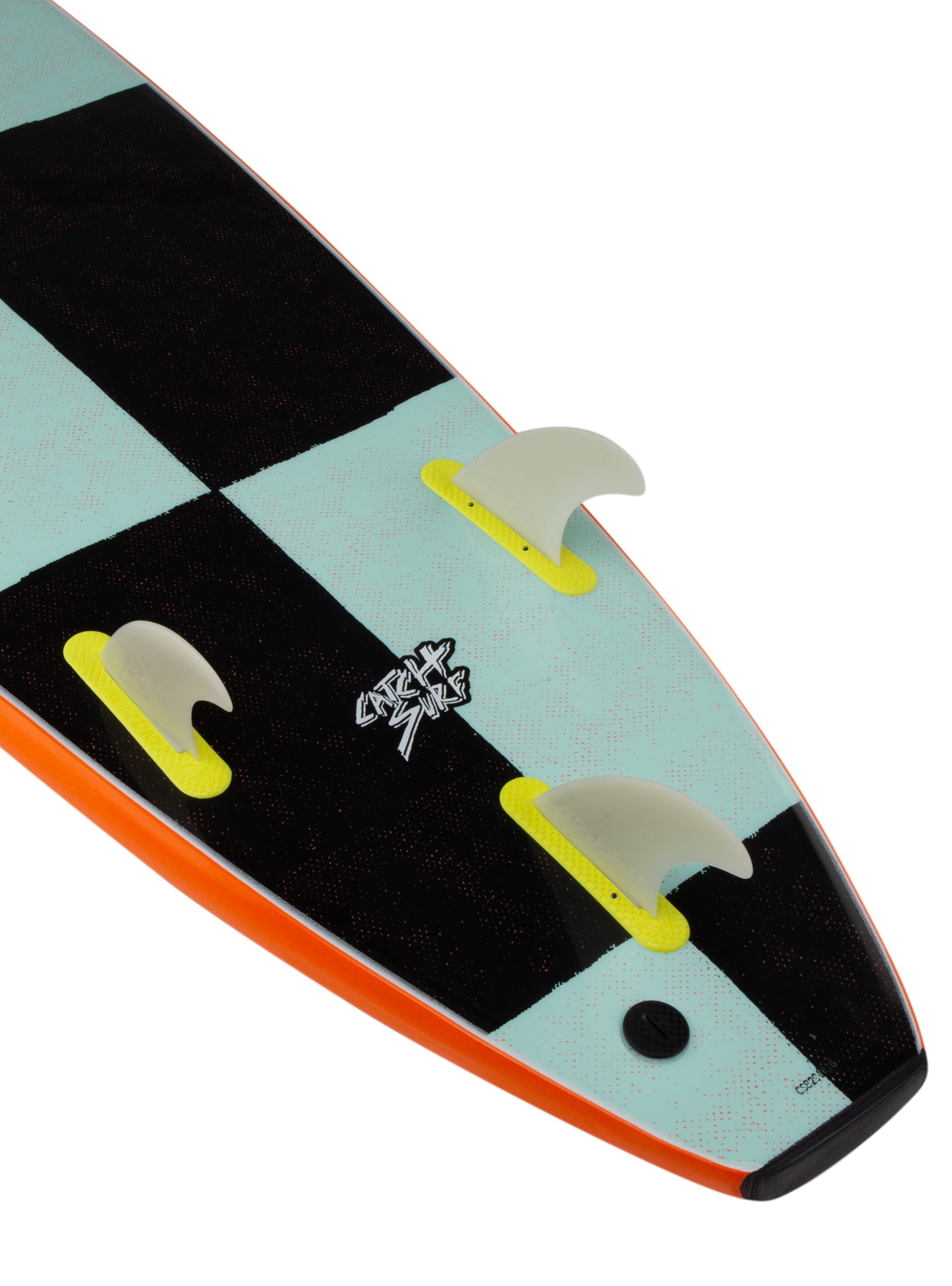 Close-up of a surfboard with a checkered pattern 