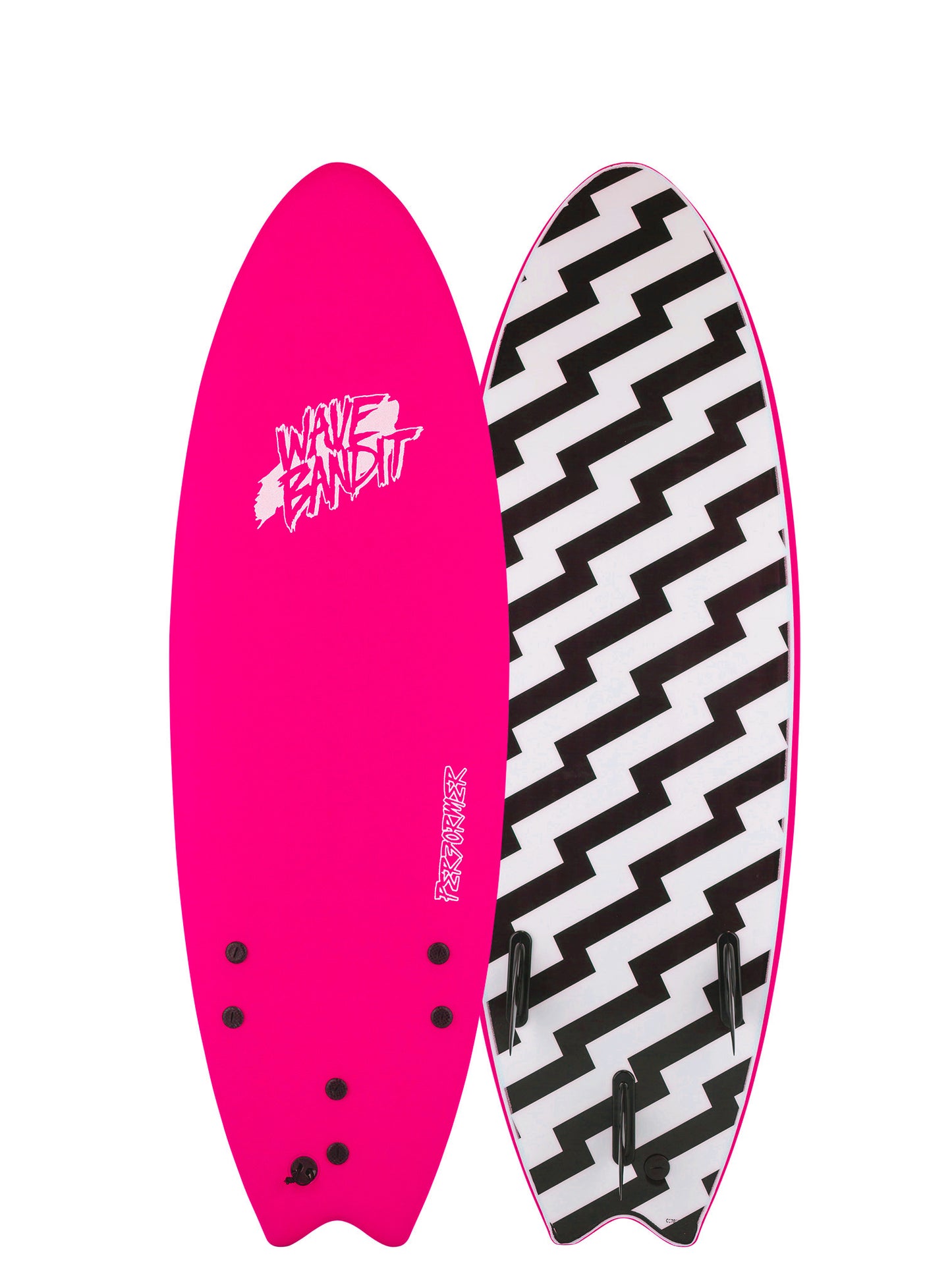 Pink and black zigzag patterned surfboard on a white background