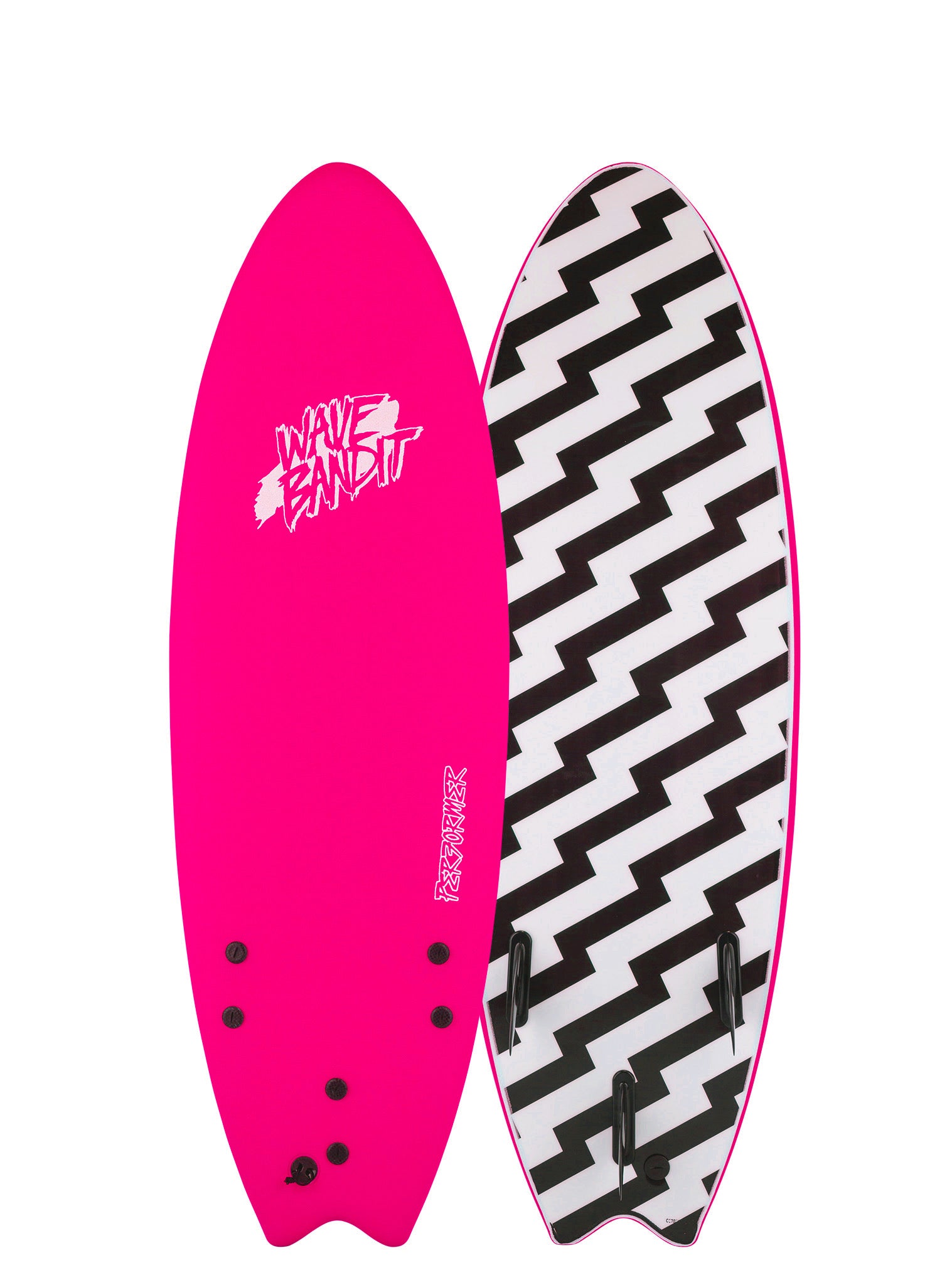 Pink and black zigzag patterned surfboard on a white background