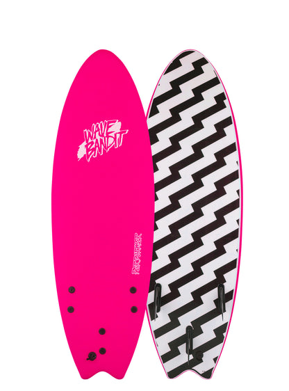 Pink and black zigzag patterned surfboard on a white background