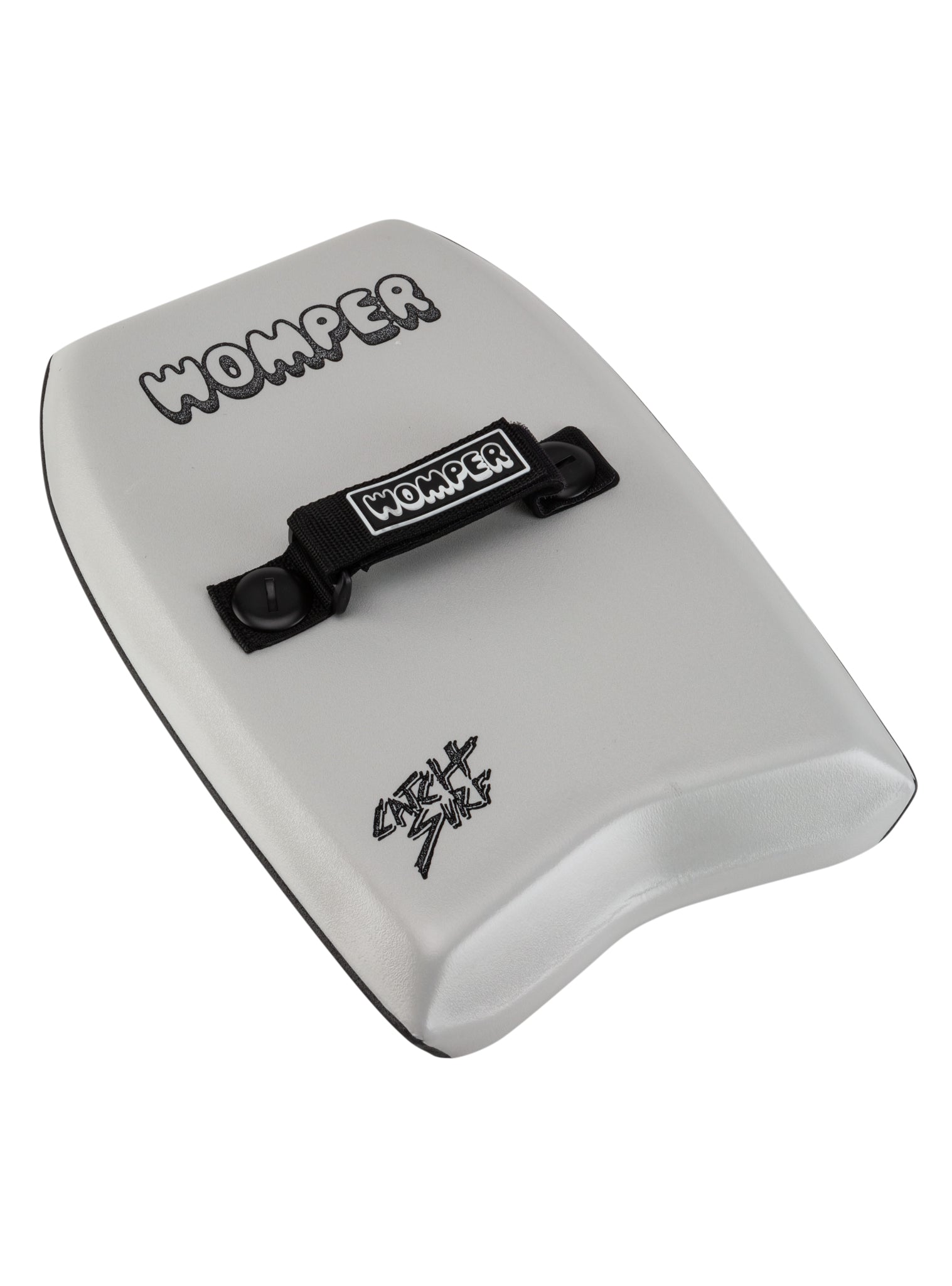 Cool Grey Womper bodyboard with black strap.