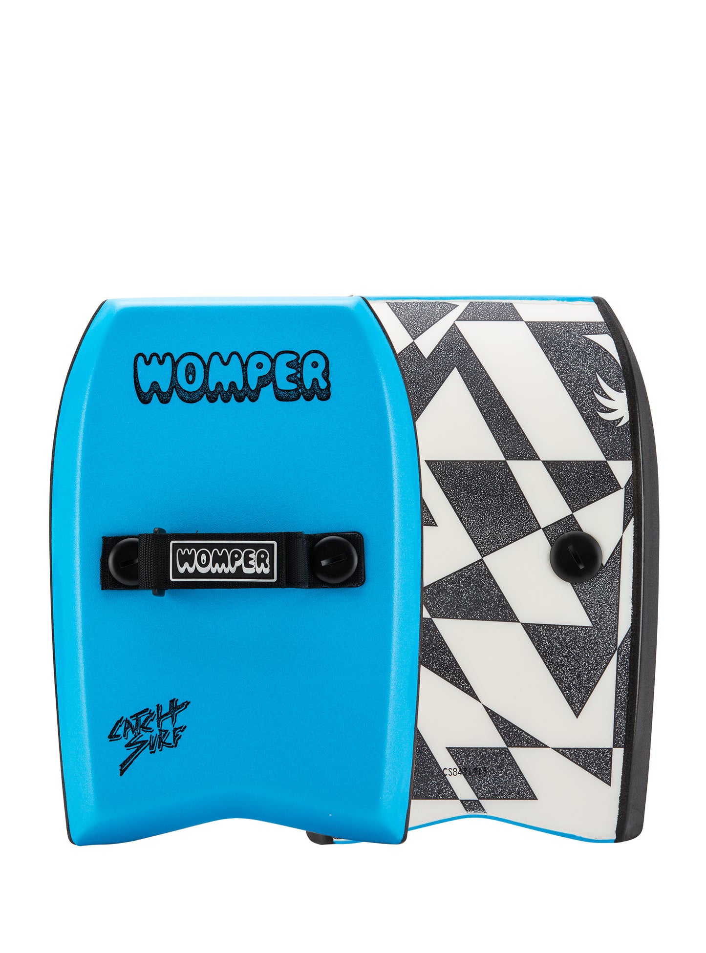 Blue and black geometric-patterned bodyboard.