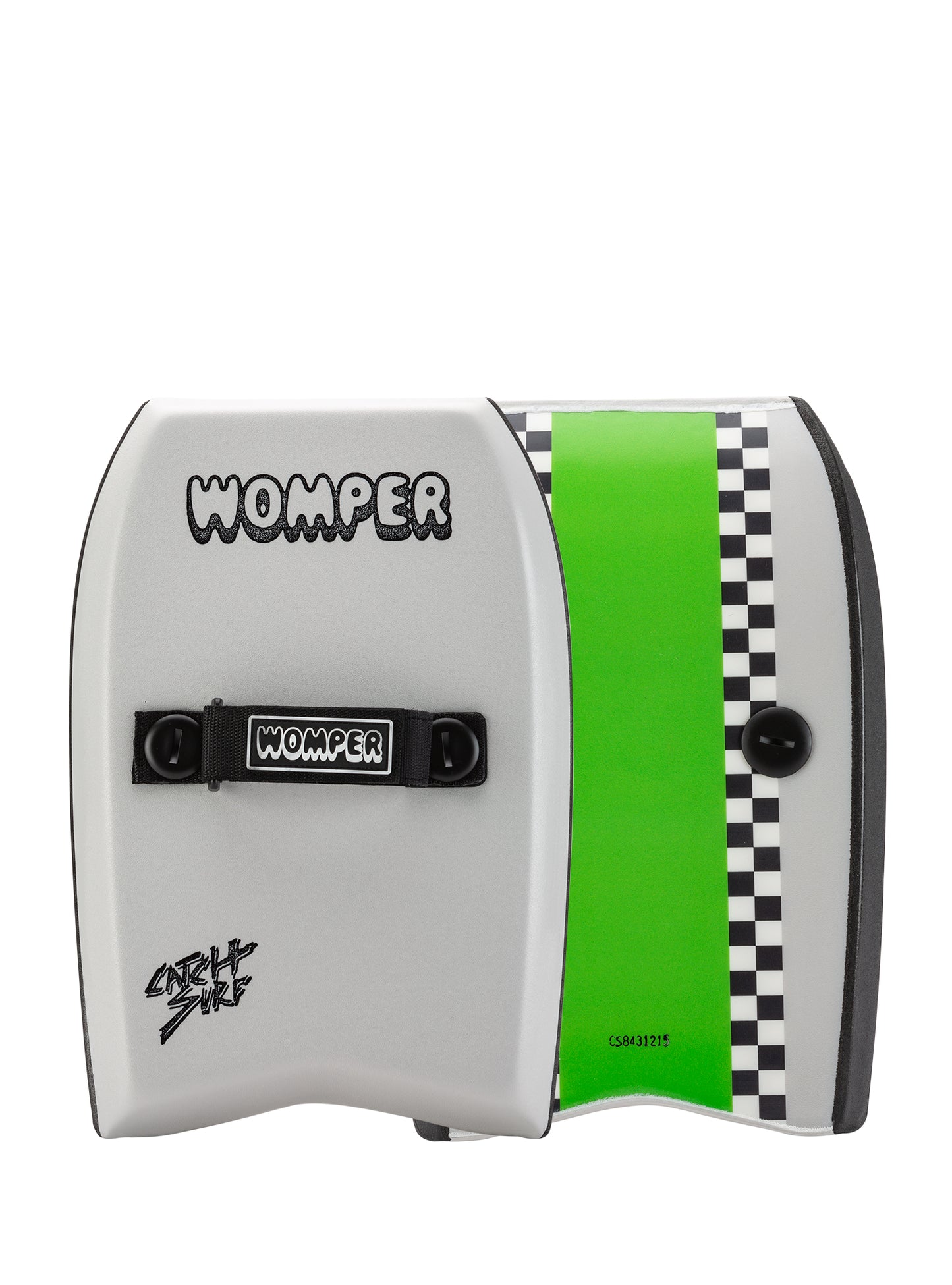 Womper surfboard with green and checkered.