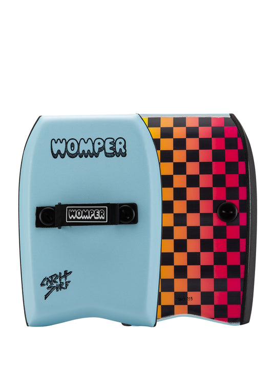 Bodyboard with blue and checkered design.