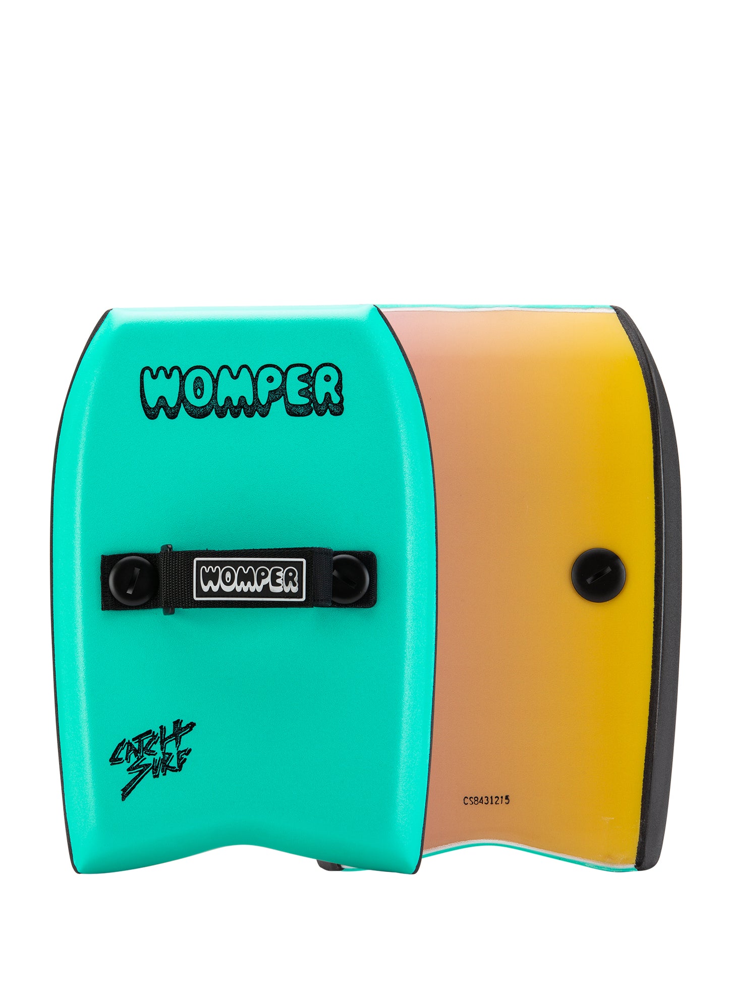 Turquoise bodyboard with 'Womper' branding.