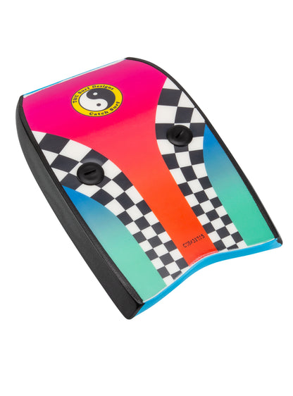 Blue bodyboard with checkered pattern.