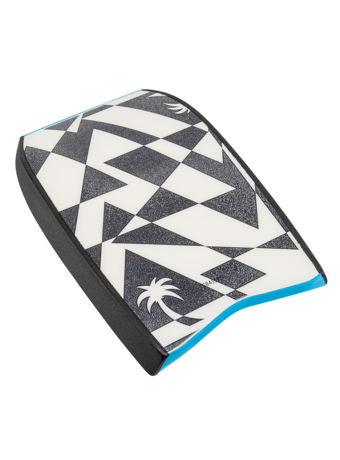 Geometric patterned handboard with a palm tree logo.