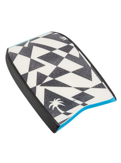 Geometric patterned handboard with a palm tree logo.