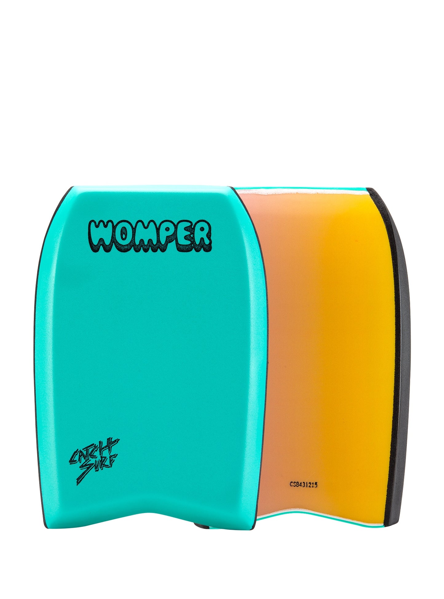 Turquoise bodyboard with 'Womper' branding