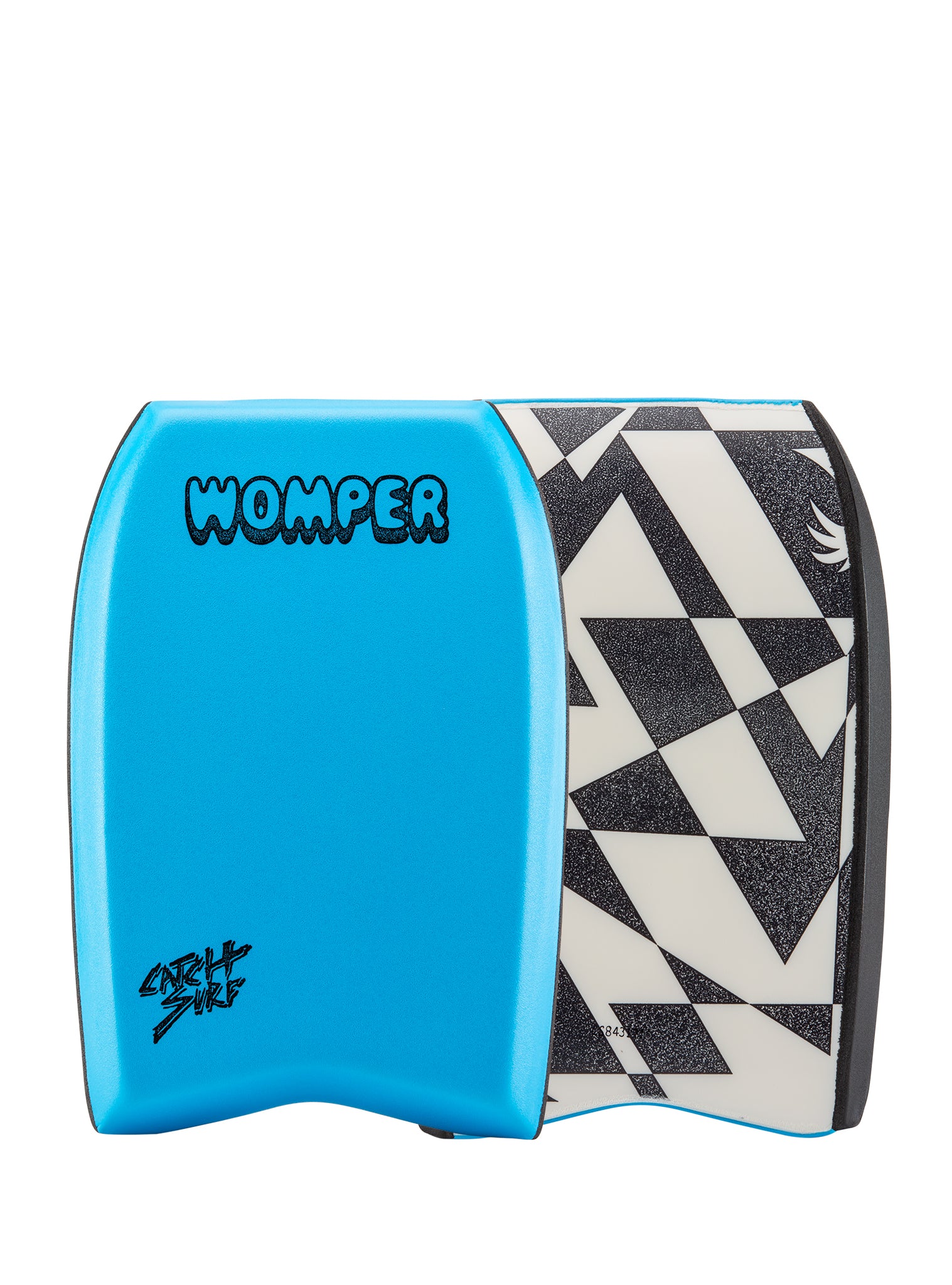 Blue and black patterned bodyboard.