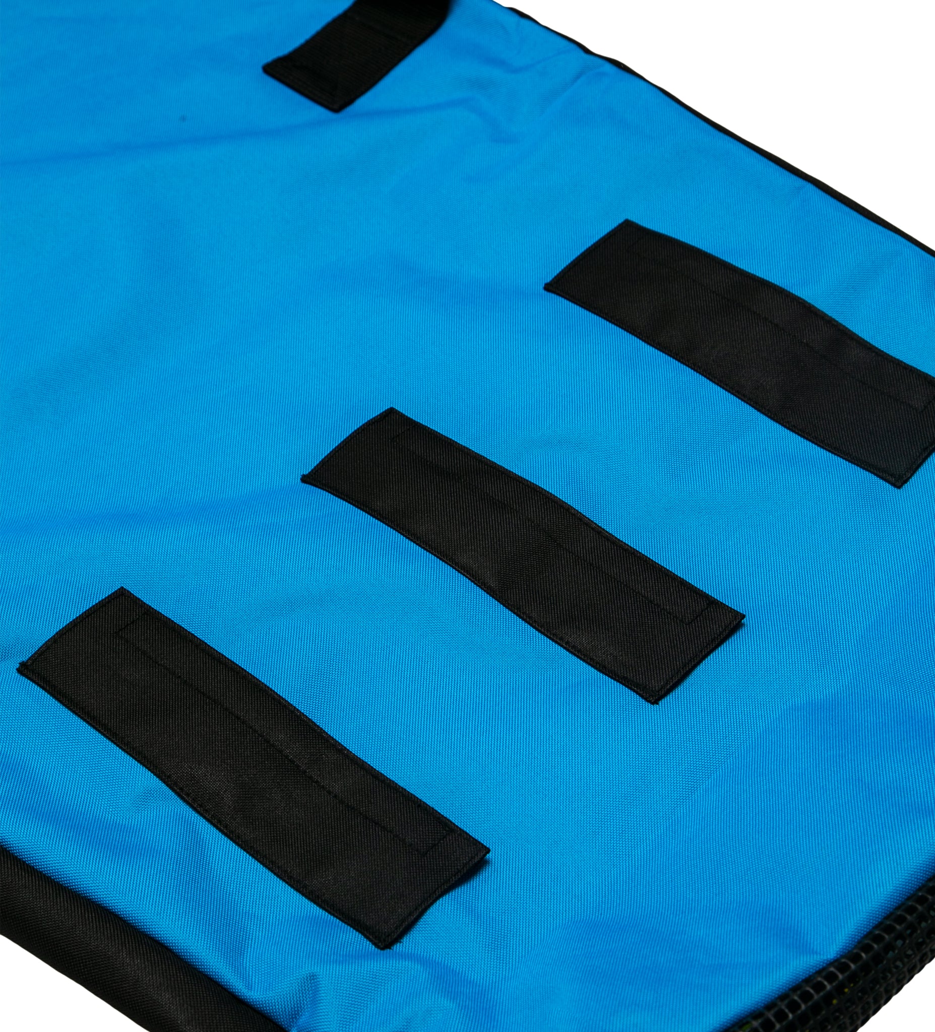 blue bag close up with thre black strips
