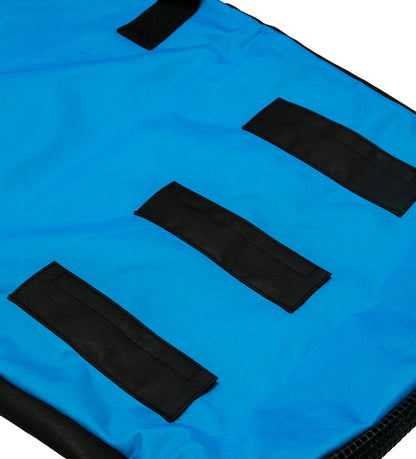 blue bag close up with thre black strips
